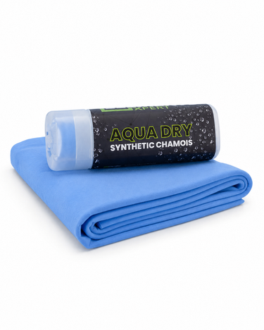 A blue microfiber cleaning cloth folded neatly, with a black Aqua Dry synthetic chamois tube resting horizontally on top, photographed on a clean white background.