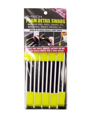 E-TECH Foam Detail Cleaning Swabs pack of 10 — retail pack of shaped foam swabs on 140mm sticks