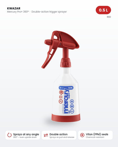 Kwazar Mercury Pro+ 360 trigger sprayer 0.5L red — double-action sprayer with Viton seals