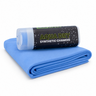 A blue microfiber cleaning cloth folded neatly, with a black Aqua Dry synthetic chamois tube resting horizontally on top, photographed on a clean white background.